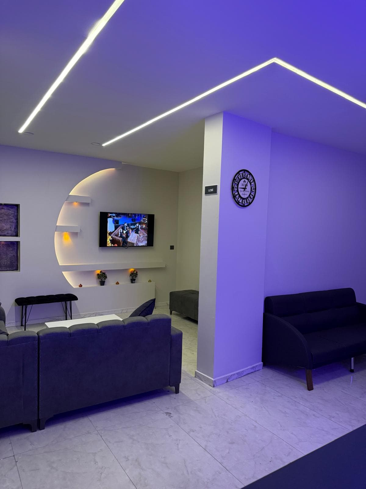 Alya Spa lobisi ve televizyon alanı
